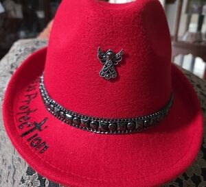 Red Fedora Hat with Silver Angel Pin